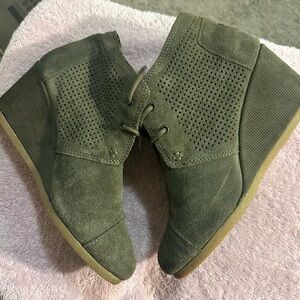 Toms Olive Suede Wedge Booties